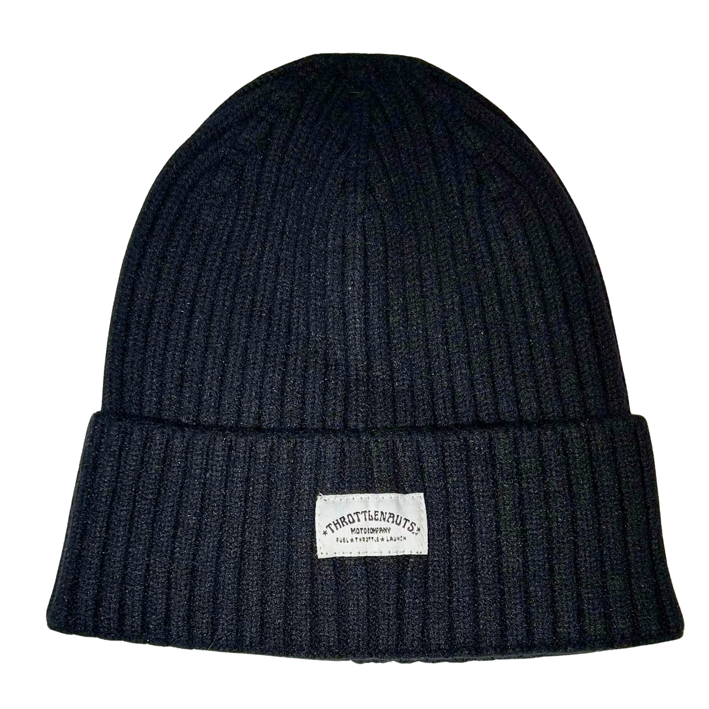 Black beanie hat with Throttlenauts woven tag