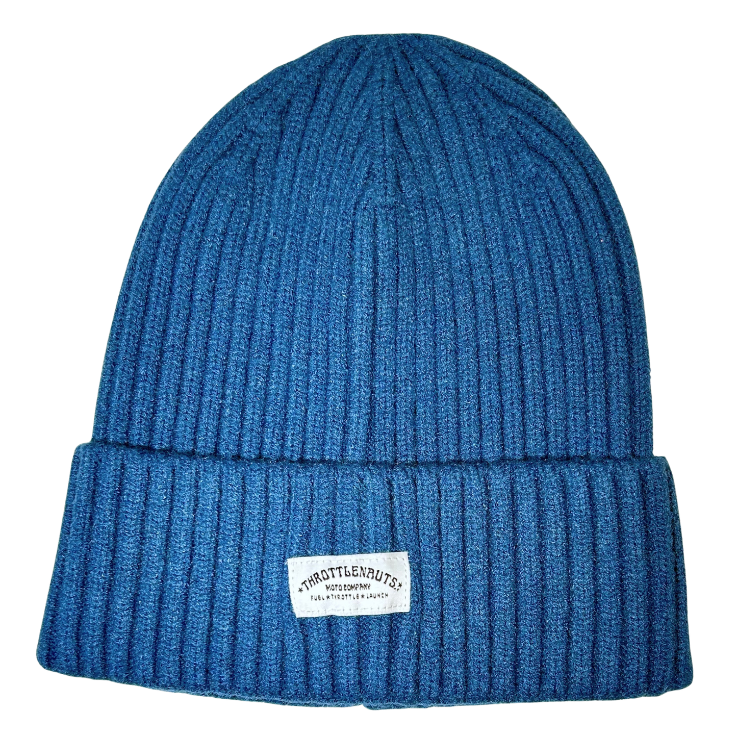 Blue beanie hat with Throttlenauts woven tag