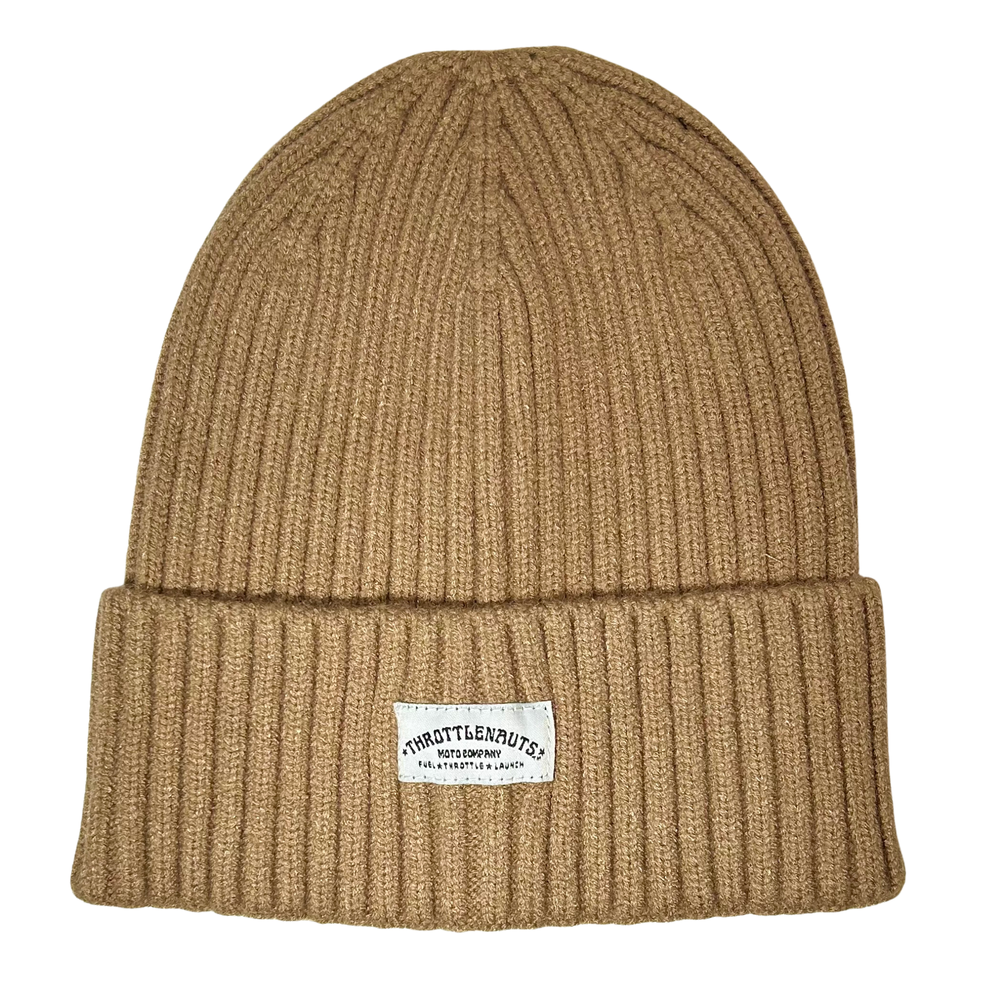 Camel beanie hat with Throttlenauts woven tag