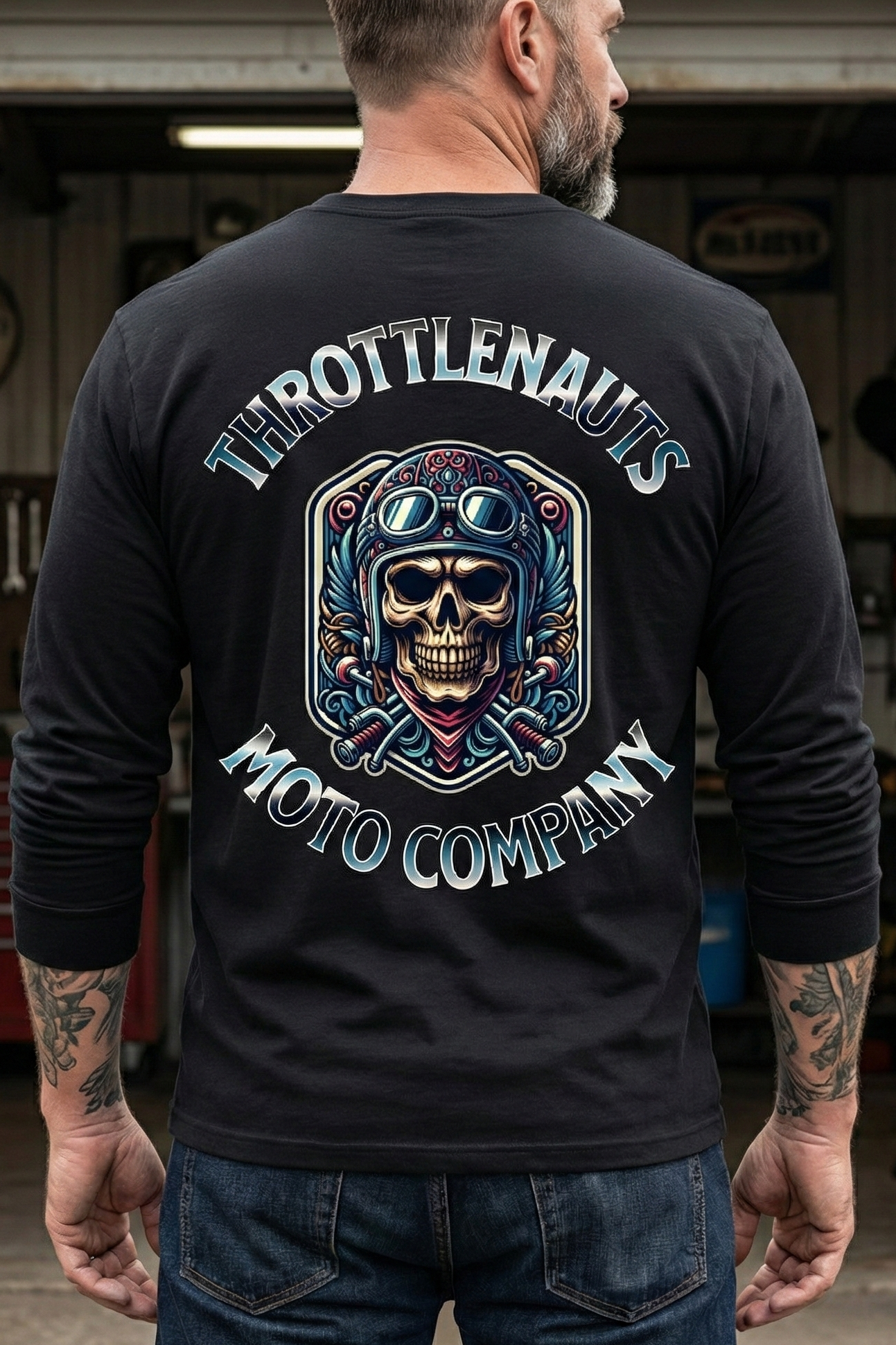 Person wearing a black long-sleeve shirt with vintage fighter pilot skull and throttlenauts logo in a garage setting